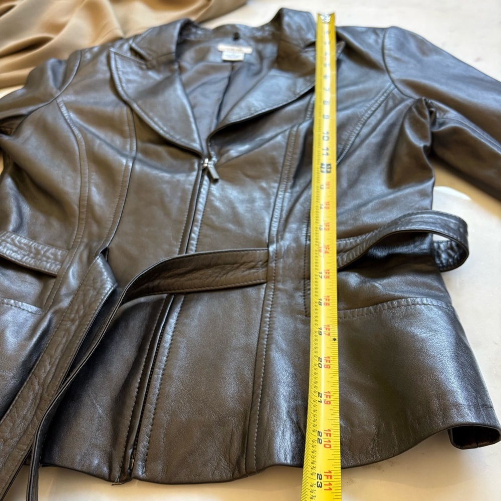 Cache Lamb Leather Jacket Motto Belted Tie 10 Vintage 90s Blazer Fitted Short M - Picture 6 of 10